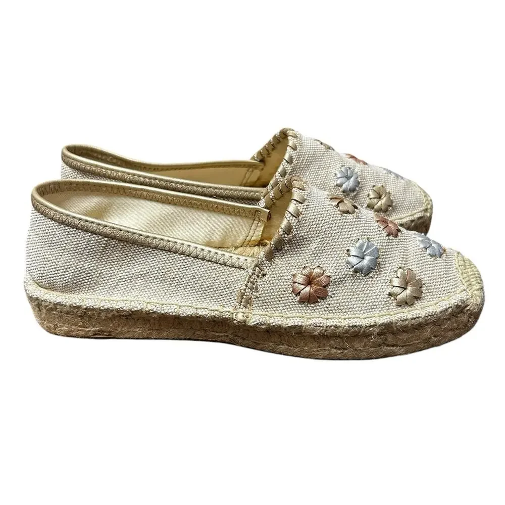 Jack Rogers Tan Canvas Gold Multi Leather Rondelles Palmer Espadrille Womens 8